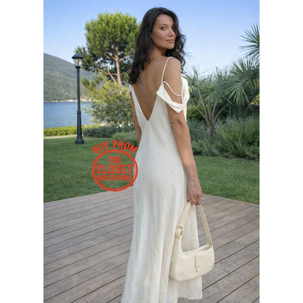 ZARA Draped Neckline Linen Blend Maxi Dress NWT Off Shoulder Ivory Size S
